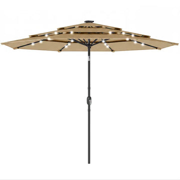 Outsunny 9.7 Ft Outdoor Patio Umbrella with Solar LED Lights, 3 Tier Outdoor Table Umbrella with Tilt, Crank, Khaki - product image 1
