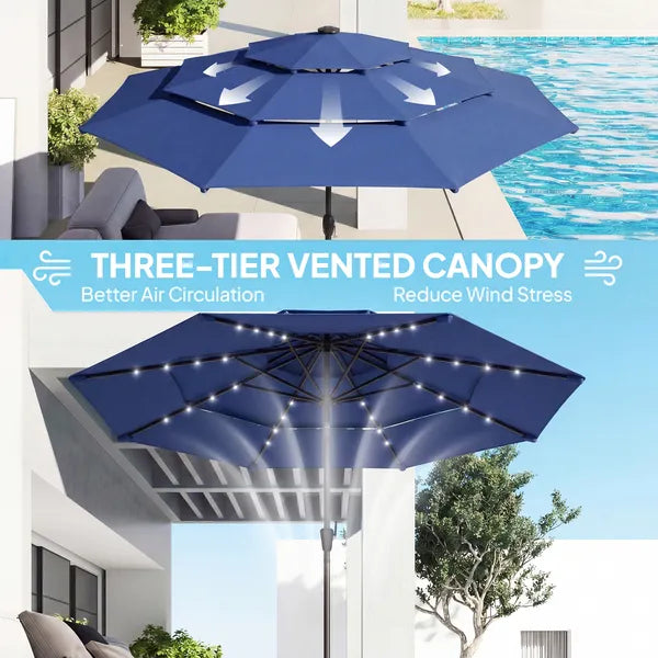 Outsunny 9.7 Ft Outdoor Patio Umbrella with Solar LED Lights, 3 Tier Outdoor Table Umbrella with Tilt, Crank, Navy Blue - product image 5