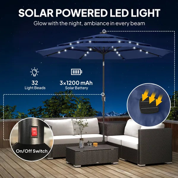 Outsunny 9.7 Ft Outdoor Patio Umbrella with Solar LED Lights, 3 Tier Outdoor Table Umbrella with Tilt, Crank, Navy Blue - product image 4
