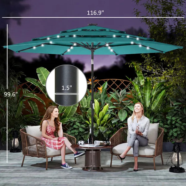 Outsunny 9.7 Ft Outdoor Patio Umbrella with Solar LED Lights, 3 Tier Outdoor Table Umbrella with Tilt, Crank, Teal - product image 3