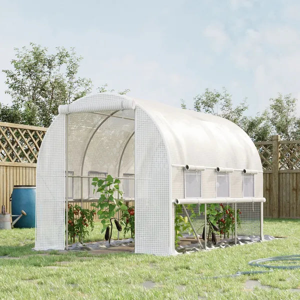 9.7' x 6.5' x 6.5' High Tunnel Greenhouse, with Anti-Tear PE Cover, Zipper Doors and Mesh Windows, Steel Frame, Walk-in Green House, White - product image 2