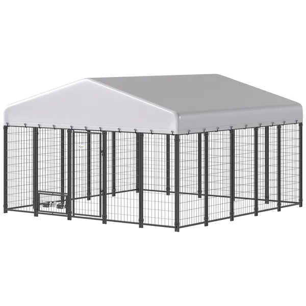 PawHut 9.8 ft x 9.8 ft x 6 ft Outdoor Dog Kennel, Dog Kennel Outside Run with 360 Degree Rotating Bowls, Waterproof and UV Resistant Cover - product image 1