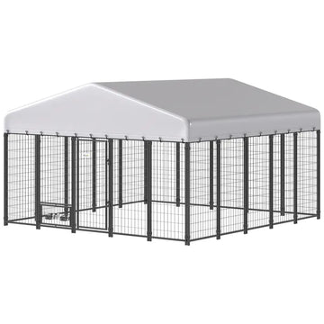 PawHut 9.8 ft x 9.8 ft x 6 ft Outdoor Dog Kennel, Dog Kennel Outside Run with 360 Degree Rotating Bowls, Waterproof and UV Resistant Cover - product image 1