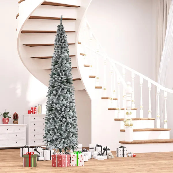 HOMCOM 9ft Flocked Christmas Tree, Slim Unlit Pine Hinged PVC Xmas Tree with Realistic Branches and 1014 Tips, Green - product image 2