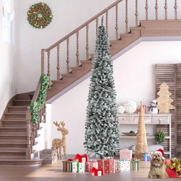 HOMCOM 9ft Flocked Christmas Tree, Slim Unlit Pine Hinged PVC Xmas Tree with Realistic Branches and 1014 Tips, Green - product image 10