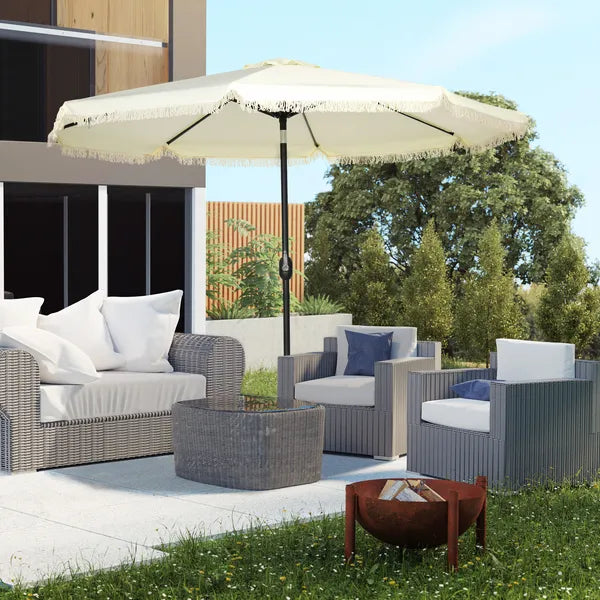 Outsunny 9ft Patio Umbrella with Push Button Tilt and Crank, Outdoor Market Table Umbrella with Fringed Tassles and 8 Ribs, for Garden - product image 2