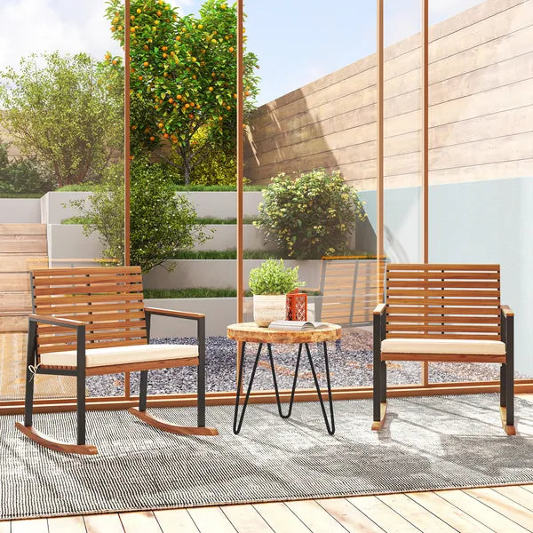 Outsunny Acacia Wood Outdoor Lawn Rocking Chair Set of 2, Outdoor Patio Rocking Chairs with Armrests, Cushion, Cream White - product image 2