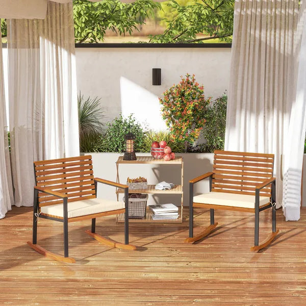 Outsunny Acacia Wood Outdoor Lawn Rocking Chair Set of 2, Outdoor Patio Rocking Chairs with Armrests, Cushion, Cream White - product image 9
