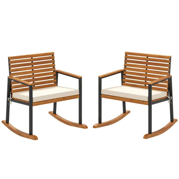 Outsunny Acacia Wood Outdoor Lawn Rocking Chair Set of 2, Outdoor Patio Rocking Chairs with Armrests, Cushion, Cream White - product image 1