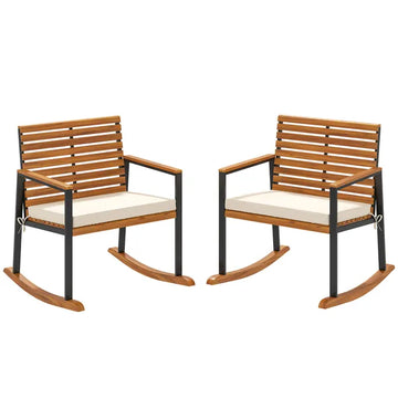Outsunny Acacia Wood Outdoor Lawn Rocking Chair Set of 2, Outdoor Patio Rocking Chairs with Armrests, Cushion, Cream White - product image 1