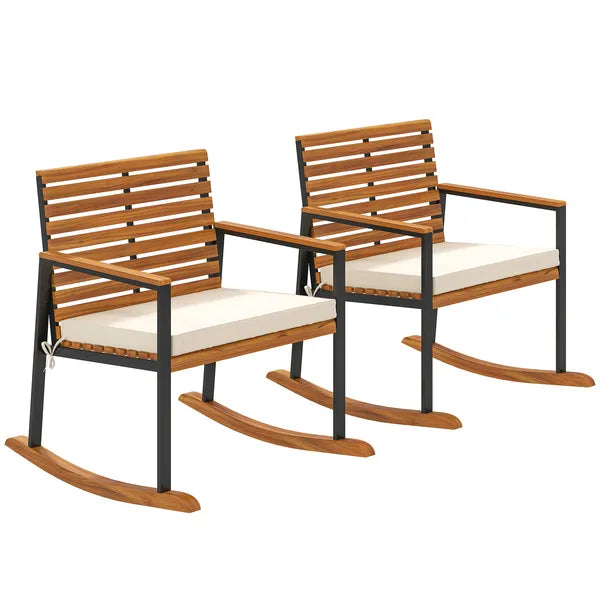 Outsunny Acacia Wood Outdoor Lawn Rocking Chair Set of 2, Outdoor Patio Rocking Chairs with Armrests, Cushion, Cream White - product image 10