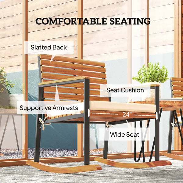 Outsunny Acacia Wood Outdoor Lawn Rocking Chair Set of 2, Outdoor Patio Rocking Chairs with Armrests, Cushion, Cream White - product image 5
