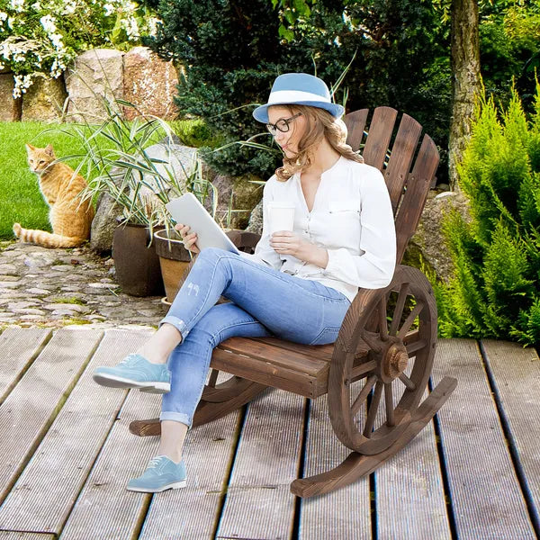 Outsunny Adirondack Rocking Chair, Outdoor Rocker All-Weather Patio Seat with Slatted Design and Oversize Back for Porch, Poolside and Garden, Brown - product image 2