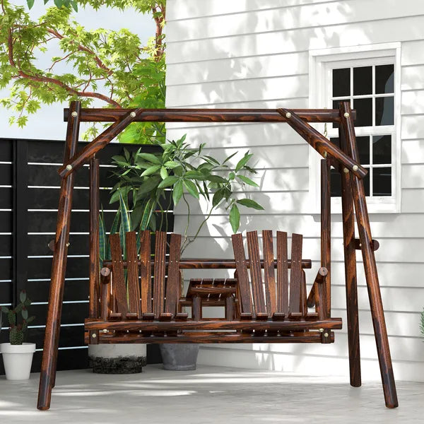 Outsunny Adirondack Swing Chair Outdoor 2-Seat Freestanding Solid Wood with Center Table Carbonized - product image 7