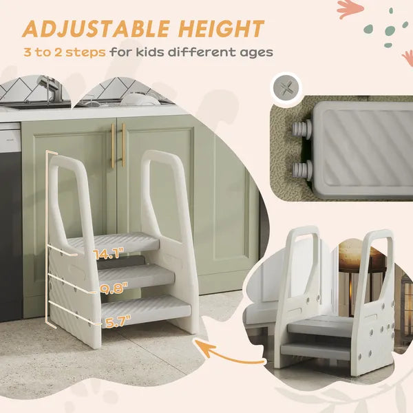 Qaba Adjustable 3 Step Toddler Tower with Handles, Non-slip Surface and Foot Pads, Gray - product image 4