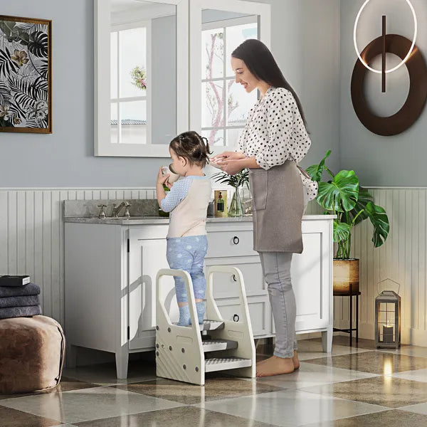 Qaba Adjustable 3 Step Toddler Tower with Handles, Non-slip Surface and Foot Pads, Gray - product image 2