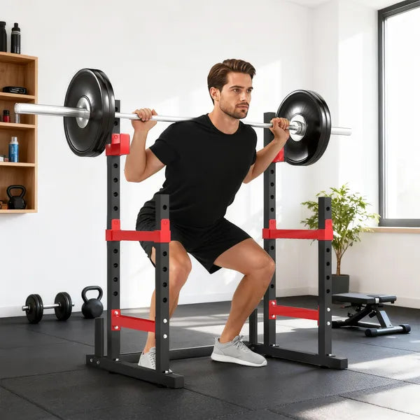 Soozier Adjustable Squat Rack, 660lbs Multi-Functional Bench Press Rack for Weight Lifting Home Gym Strength Training, Red - product image 2