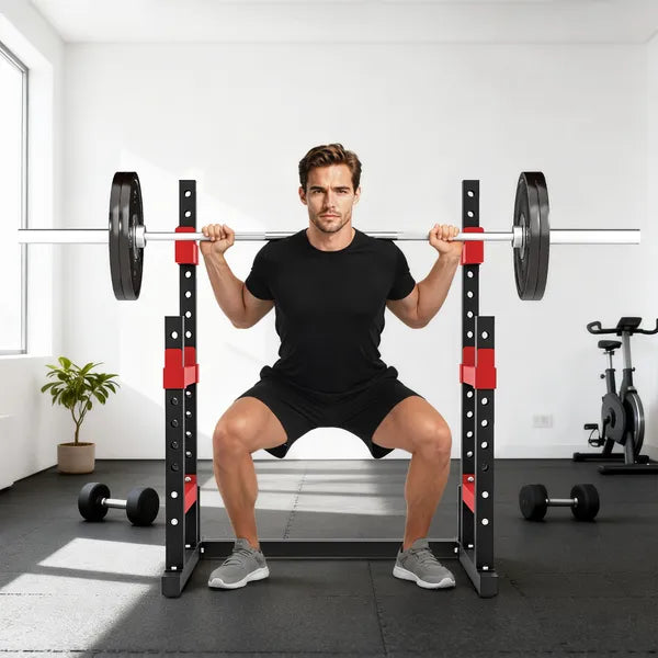 Soozier Adjustable Squat Rack, 660lbs Multi-Functional Bench Press Rack for Weight Lifting Home Gym Strength Training, Red - product image 9