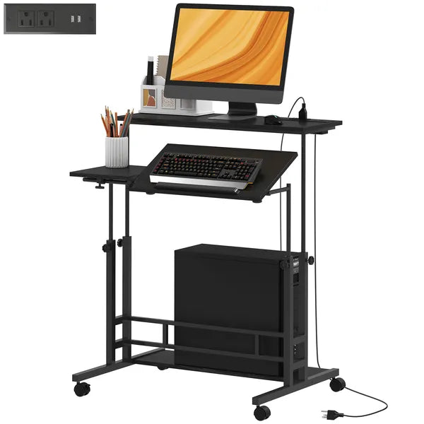 HOMCOM Adjustable Standing Desk with Power Outlets, Stand Up Desk with Tiltable Tabletop, Wheels, Shelf, for Home Office, Black - product image 1