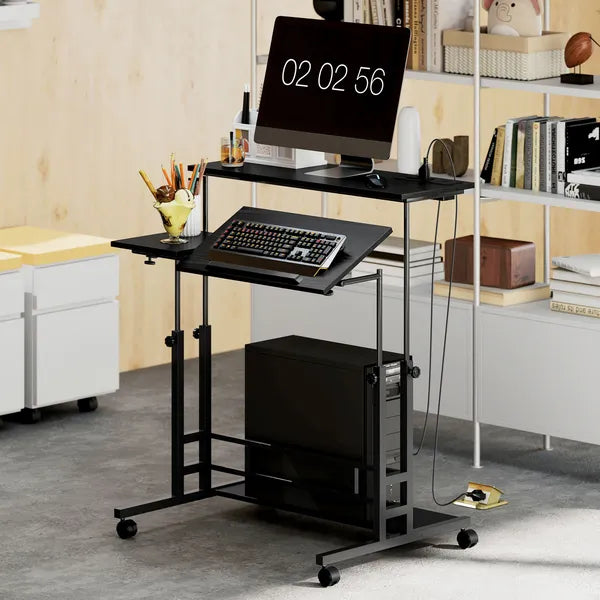 HOMCOM Adjustable Standing Desk with Power Outlets, Stand Up Desk with Tiltable Tabletop, Wheels, Shelf, for Home Office, Black - product image 2