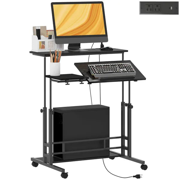 HOMCOM Adjustable Standing Desk with Power Outlets, Stand Up Desk with Tiltable Tabletop, Wheels, Shelf, for Home Office, Black - product image 11