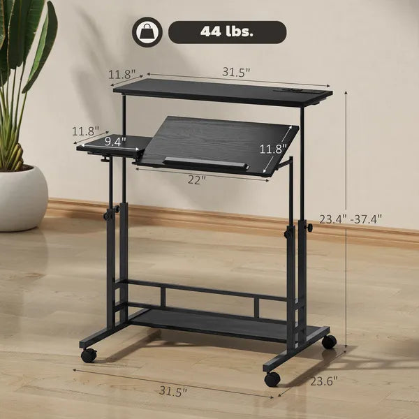 HOMCOM Adjustable Standing Desk with Power Outlets, Stand Up Desk with Tiltable Tabletop, Wheels, Shelf, for Home Office, Black - product image 3