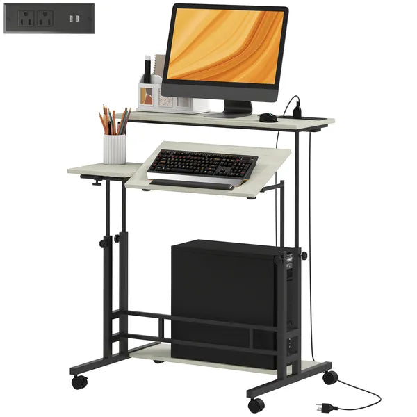 Adjustable Standing Desk with Power Outlets, Stand Up Desk with Tiltable Tabletop, Wheels, Shelf, for Home Office, Oak - product image 1