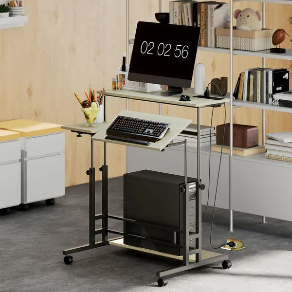 Adjustable Standing Desk with Power Outlets, Stand Up Desk with Tiltable Tabletop, Wheels, Shelf, for Home Office, Oak - product image 2