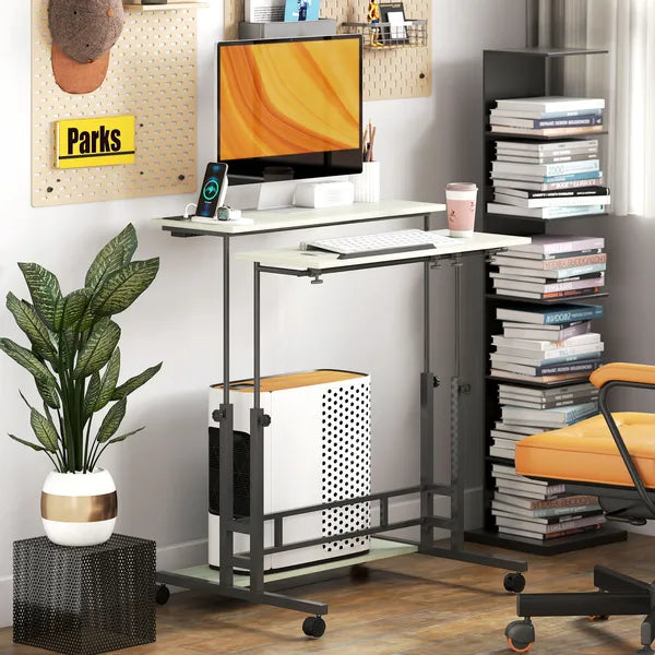 Adjustable Standing Desk with Power Outlets, Stand Up Desk with Tiltable Tabletop, Wheels, Shelf, for Home Office, Oak - product image 7