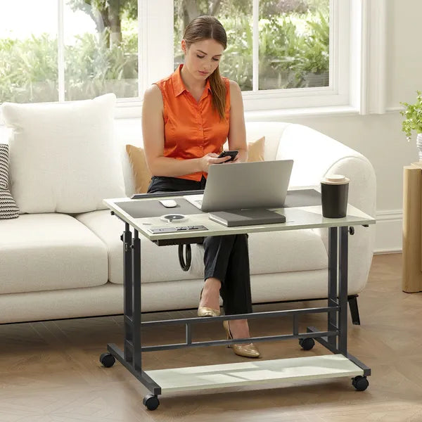 Adjustable Standing Desk with Power Outlets, Stand Up Desk with Tiltable Tabletop, Wheels, Shelf, for Home Office, Oak - product image 10