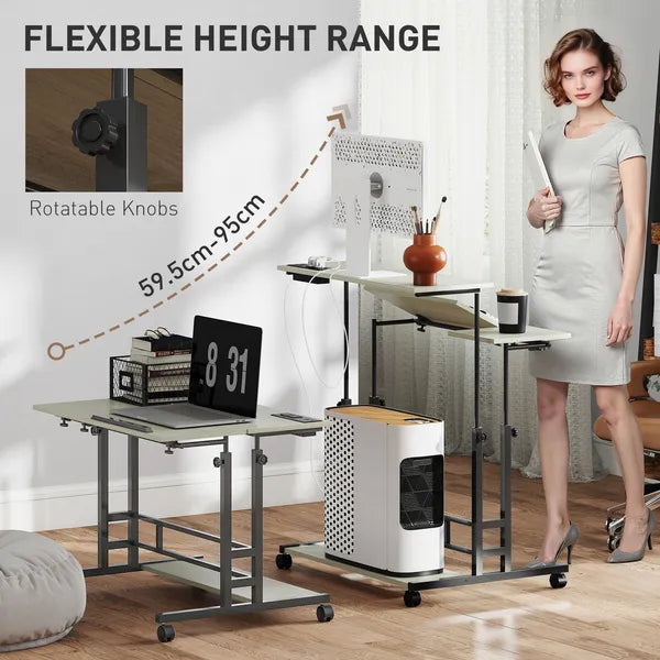 Adjustable Standing Desk with Power Outlets, Stand Up Desk with Tiltable Tabletop, Wheels, Shelf, for Home Office, Oak - product image 4