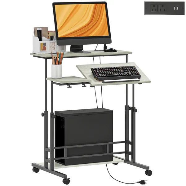 Adjustable Standing Desk with Power Outlets, Stand Up Desk with Tiltable Tabletop, Wheels, Shelf, for Home Office, Oak - product image 11