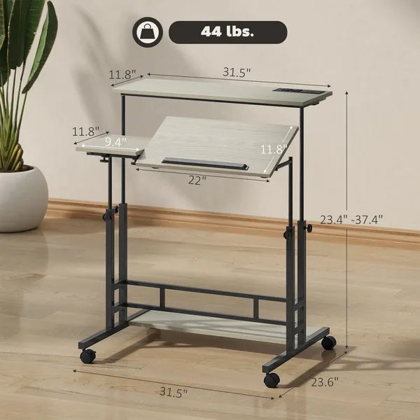 Adjustable Standing Desk with Power Outlets, Stand Up Desk with Tiltable Tabletop, Wheels, Shelf, for Home Office, Oak - product image 3