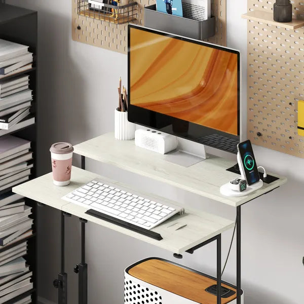 Adjustable Standing Desk with Power Outlets, Stand Up Desk with Tiltable Tabletop, Wheels, Shelf, for Home Office, Oak - product image 9