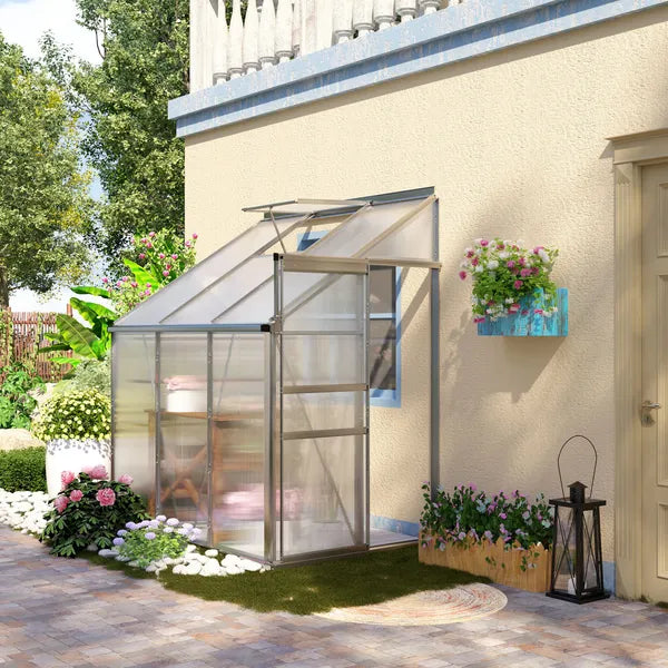 Outsunny Aluminum Greenhouse Polycarbonate Walk-in Garden Greenhouse with Adjustable Roof Vent, Rain Gutter and Sliding Door, 6' x 4' x 7' Clear - product image 2