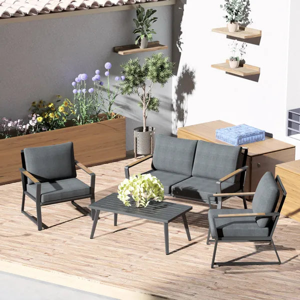 Outsunny Aluminum Patio Furniture Set, 4-Piece, Dark Grey, Loveseat, Armchairs, Coffee Table - product image 10