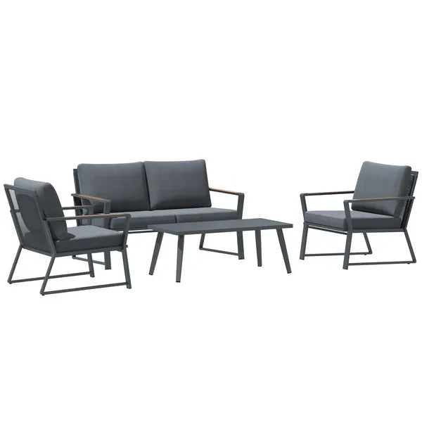 Outsunny Aluminum Patio Furniture Set, 4-Piece, Dark Grey, Loveseat, Armchairs, Coffee Table - product image 1