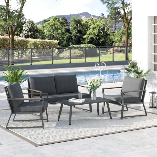 Outsunny Aluminum Patio Furniture Set, 4-Piece, Dark Grey, Loveseat, Armchairs, Coffee Table - product image 2