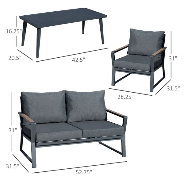 Outsunny Aluminum Patio Furniture Set, 4-Piece, Dark Grey, Loveseat, Armchairs, Coffee Table - product image 3