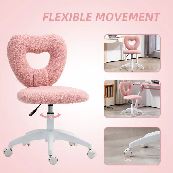 Armless Computer Desk Chair, Office Task Chair, Teddy Fleece Heart Makeup Vanity Chair with Swivel Wheels, Pink - product image 6