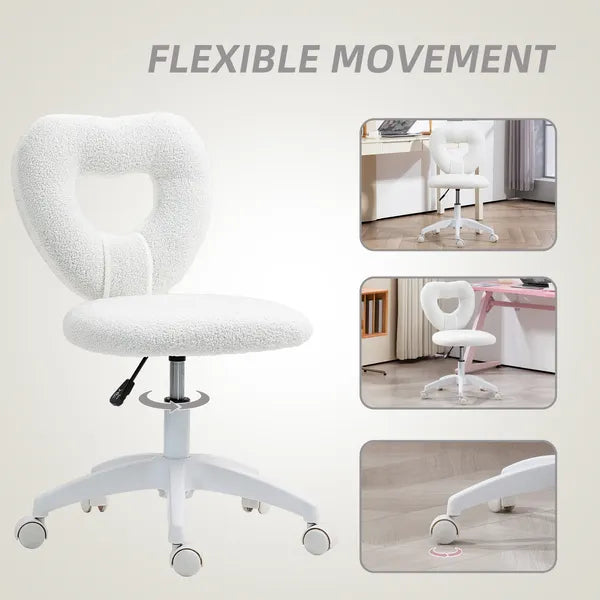 HOMCOM Armless Computer Desk Chair, Office Task Chair, Teddy Fleece Heart Makeup Vanity Chair with Swivel Wheels, White - product image 6