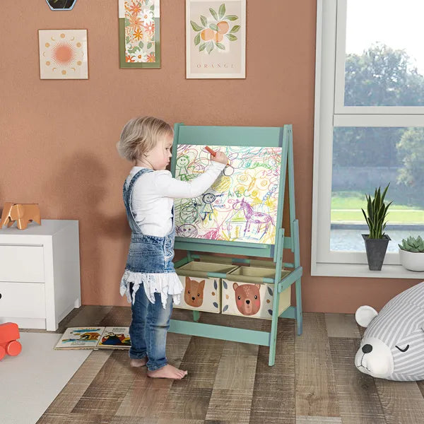 Art Easel for Kids with Paper Roll, 3 in 1 Toddler Painting Easel with Blackboard, Whiteboard, Storage Baskets, Green - product image 2