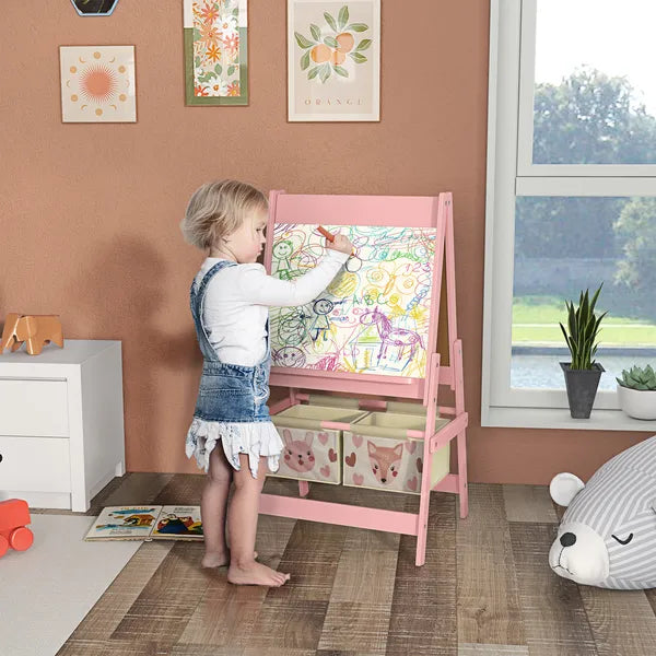 Art Easel for Kids with Paper Roll, Blackboard, Whiteboard, Storage, Pink - product image 2