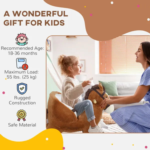 Qaba Baby Rocking Horse, Plush Animal Rocker with Sound, Wooden Base Seat Safety Belt, for Ages 18-36 Months, Brown - product image 8