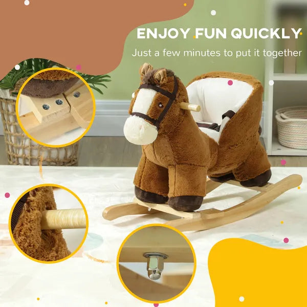 Qaba Baby Rocking Horse, Plush Animal Rocker with Sound, Wooden Base Seat Safety Belt, for Ages 18-36 Months, Brown - product image 7