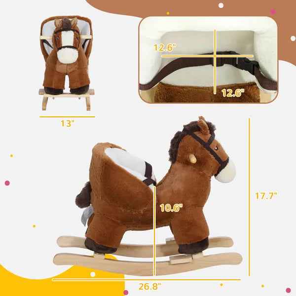 Qaba Baby Rocking Horse, Plush Animal Rocker with Sound, Wooden Base Seat Safety Belt, for Ages 18-36 Months, Brown - product image 3