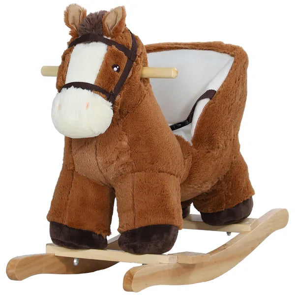 Qaba Baby Rocking Horse, Plush Animal Rocker with Sound, Wooden Base Seat Safety Belt, for Ages 18-36 Months, Brown - product image 1