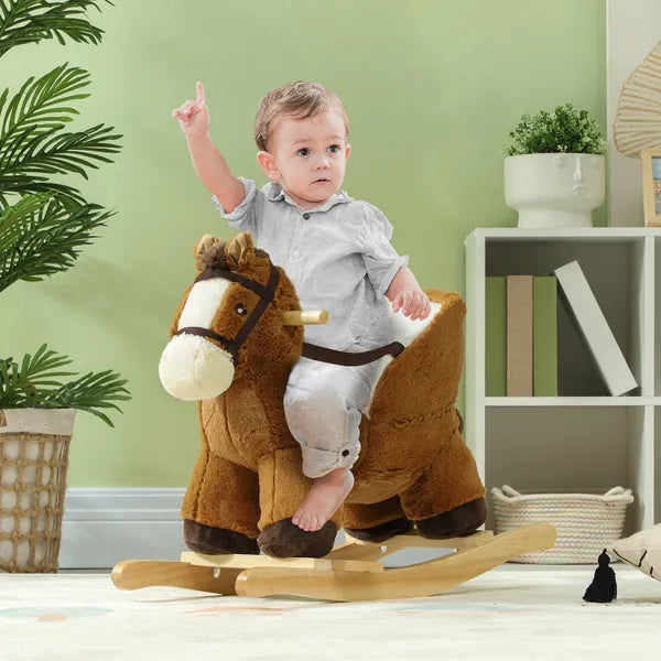 Qaba Baby Rocking Horse, Plush Animal Rocker with Sound, Wooden Base Seat Safety Belt, for Ages 18-36 Months, Brown - product image 2