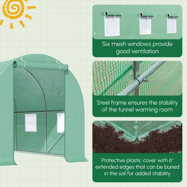 Outsunny Backyard Greenhouse 15 x 7 x 7 with Door Ventilation Windows Outdoor Tunnel Walk-In Garden Plant Growing House Green - product image 6