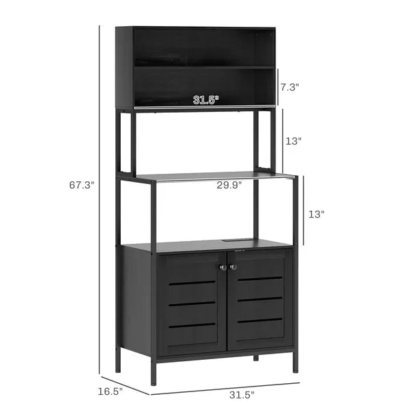 HOMCOM Baker's Rack with Power Outlet and Storage Shelves, Microwave Stand with Louvred Door Cabinets, Black - product image 3
